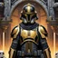 Placeholder: star wars bald male corellian pilot wearing pearlescent black and gunmetal grey First Order special forces heavy assault stealth commando armor and helmet with gold trim inside the jedi temple, hyperdetailed, dynamic lighting, hyperdetailed background, 8k resolution, volumetric lighting, light skin, fully symmetric details