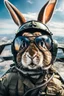 Placeholder: close up view of crazy kamakazi pilot rabbit, close view from the front window of the world war 2 fighter plane he is flying, pilot glases, crazy agressive look, in action attacking