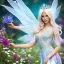 Placeholder: Fantasy fairy with transparent wings, smiling, make up, long platinum blond hair with crown and flowers, blue dress, flowering background