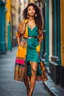 Placeholder: full body shot Young woman, 20 years old, wearing nice fashion dress walk in street,looking to camera soft sunlight accentuating the vibrant hues of her attire, high contrast, candid photo, natural light, ultra realistic