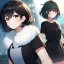 Placeholder: Clear focus, High resolution, black short hair, dark green eyes, wearing a black t-shirt and pleated black skirt, fluffy hair, detailed outfit, really fluffy hair