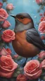 Placeholder: realistic giant robin bird headshot in a bed of roses under the ocean