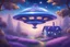 Placeholder: ufo blue spaceship traveling in the sky, transparent houses, cristal in lavender field, starry sky, beautiful fairy flying, butterflies in the forest