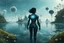 Placeholder: young woman in an android suit with dark hair, standing on the shore of an alien sea. Floating forests with dandelion tops in the distance