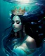 Placeholder: an ethereal portrait of a queen without face submerged in dark waters, white skin, hair covering his face, queen with her back, crown at the head, many jewels underwater, using soft, fluid brushstrokes and a dreamy color palette to convey the weightlessness and tranquility of being underwater.