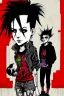 Placeholder: Act like a book cover designer. Use graffiti style. First plan: Three teenagers (13-15 years old) with a grimy black cat. Two boys- redhead, chubby, low, skinny, high, neutral emotion. The punk girl with black hair. In background punk rocker with red mohawk. Enviroment: old town.