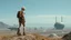 Placeholder: A photorealistic image of a slender 60-year-old woman, in brown shorts, a shirt and boots, with a backpack, standing on a hill looking down on a derelict sci-fi spaceport with low alien buildings.