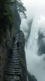 Placeholder: Trees on the sides of narrow stone path above the ground gradually getting higher into the clouds no railings, dangerous drop people in black leathers medievil period weather is wet spiraling into the clouds fantasy, a waterfall in the background