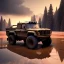 Placeholder: stylized hyperrealistic shot, muddy aggressive military toy truck, monotone color palette, sharp focus, puddle reflection, tire water splash, refraction, mist on the horizon, sunset, rocks background, detailed and intricate, cinematic composition, micro, tilt shift photography, unreal engine 5, octane render, 8k, cinematic lighting