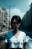 Placeholder: Ultra Realistic image, 25 years old brunette woman, Madrid, portrait, small stature, small chest, yakuza body tattoo, white broken cotton short undershirt, black latex short, rain, fog, street night Tokyo ambient, vibrant color, highly detailed, art stations, concept art, smooth, unreal engine 5, god rays, ray tracing, RTX, lumen lighting, ultra detail, volumetric lighting.