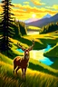 Placeholder: the foreground, a deer on a forest hillside overlooking a lake. Bathed in sunshine, with a lush green meadow, a winding river, and a towering mountain range in the distance. Warm sundown glow, golden hour. Ultra-detailed, with every blade of grass and every leaf rendered in perfect clarity. The colors are vibrant and saturated, with a dreamy, ethereal quality. Stained glass effect. Modifiers: photorealistic award winning cinematic postprocessing watercolor Ink drawing Steve Hanks Nicoletta Cecc