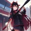 Placeholder: Clear focus,High resolution, Black long hair, Red eyes, Red horns, Wearing a black and red sailor uniform, Swinging a baseball bat