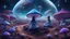 Placeholder: beautiful women sitting without bro meditating on blue, purple mushroom in space, vegetable plantations in domes, colonization of the planet,