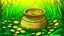 Placeholder: fantasy cartoon illustration: pot of golden coins in the grass