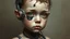 Placeholder: A close-up, portrait-style digital painting depicts a surreal, cyborg-like child's head and upper torso against a muted, textured background. The child's face is a disturbing blend of organic and mechanical elements. One eye is a large, intricate, mechanical prosthetic with a vibrant, multi-colored iris, while the other is a more natural, albeit scarred, human eye. Wires, tubes, and metallic components are embedded into the skin, particularly around the head and face, suggesting a fusion of fles