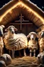 Placeholder: Christmas manger. Baby Jesus in the sheep manger. Joseph and Mary are standing around and the shepherds bow their heads before them. Super realistic image. High quality image in 8K