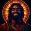 Placeholder: Create 8K UHD image of black Jesus Christ smiling in His glory. The image should feature: Cinematic Style: Use dramatic, low-key lighting to create a strong contrast between the vibrant depiction of Jesus and the dark background. Expression: Jesus should have a serene and joyful expression, symbolizing peace and divinity. Vibrant Colors: Incorporate rich and vibrant colors in the depiction of Jesus, especially in His robes and the surrounding aura, to convey a sense of glory and divinity.