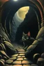 Placeholder: 1970's dark fantasy cover dungeons and dragons style painting of a cat with minimalist far perspective