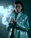 Placeholder: Ultra Realistic image, photo studio, medium shot view, a woman making the fuck off gesture with his hand, blue smoke coming out of his nose and mouth, happy. Latex inflatable coat, soft color, highly detailed, unreal engine 5, ray tracing, RTX, lumen lighting, ultra detail, volumetric lighting, finely drawn, high definition, high resolution.