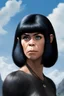 Placeholder: full body - Horror of the Planet of the Apes - black hair, Deep Blue Eyes - head and shoulders portrait - Lenna, part chimpanzee, part human, short, bowl-cut, straight black hair, the bangs cut straight across the forehead, she resembles a Zira from the Planet of the Apes, and she resembles Spock - Mountains, blue skies, clouds, red roses, blue roses, yellow roses, honeysuckle roses, carnations, lilacs, professional quality, 32k, UHD, glossy, 1080p, Extremely high resolution Digital photograph