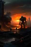 Placeholder: In a world in abstract art style ravaged by war and destruction, the sun sets on a future, casting an eerie glow over the ruins of civilization in cyberpunk art style. As the last rays of light fade, that bitch sours genius brings to life a breathtaking scene of futuristic robots inspired by frank frazzeta locked in a fierce battle, their metallic bodies glistening in the fading light in Cubist vision bringing hope a new kind of life is just emerge in these chaotic universe