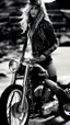 Placeholder: blends the gritty and atmospheric motorcycle art of David Mann with the seductive and playful fashion photography of Ellen von Unwerth. in a rugged and atmospheric inspired by Mann's iconic motorcycle artwork. Incorporate elements such as vintage motorcycles, worn-out buildings, or dusty landscapes to capture gritty and adventurous spirit of Mann's work. Within this setting, introduce a subject with sensuality and playfulness, drawing inspiration from von Unwerth's fashion photography. Dress t