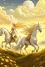 Placeholder: Fantasy digital art: fairies with golden hair, and white dresses descend from fluffy clouds towards a meadow with brown horses