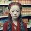 Placeholder: Old autochrome of devon aoki with red cheeks, strange blue braids. in a supermarket, in 1830