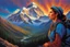 Placeholder: A woman having a beautiful dream standing on the top of Mount Everest painted by Jeff Easley. concept art, mid shot, intricately detailed, color depth, dramatic, 2/3 face angle, side light, colorful background