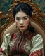 Placeholder: A stunning Asian woman with porcelain skin, high cheekbones, and piercing green eyes, dressed in a traditional embroidered sarafan, sits regally in a lavish, ornate chair, surrounded by opulent fabrics and gold accents, as if plucked from a 19th-century Russian aristocratic portrait, rendered in exquisite hyper-realistic detail, with the rich textures and subtle play of light and shadow characteristic of a masterful oil painting, reminiscent of the works of Ivan Kramskoi, Zinaida Serebriakova