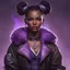 Placeholder: arcane tv show style, league of legends, solo, 1girl, attractive teenager, african, dark skin, dark-brown eyes, black hair, pair buns, (violet strand in forehead bang), necklace, earrings, modern makeup, (detailed skin texture), old leather jacket with violet fur collar, oversized torn t-shirt with half-erased unknown music group logo, You can see through the wide holes in the t-shirt her acid-green sport top, dark background, bokeh, cinematic atmosphere