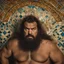 Placeholder: two ugly angry muscular chubby arab 40 years old similar to bud spencer, very detailed, full figure shot, very realistic photography, dim light, view from below, tiled restroom, tattoo, masculine bearded, mature barely burly bearded muscled and robust