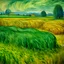 Placeholder: A green grassy plain filled with haystacks painted by Vincent van Gogh