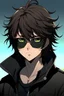 Placeholder: An anime boy with black eyes and hair, wearing a black jacket and sunglasses