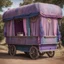 Placeholder: Old fashioned purple, blue and pink gypsy wagon decorated, curtains fluttering in the wind