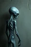 Placeholder: a gray alien standing by a wall piss on the wall back view he turned face write scared