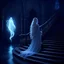 Placeholder: 3D, a beautiful ghost on a beautiful staircase, a Patronus charm, calm, charming, flowing, glowwave, the lady by the lake, long flowing hair, ghostly, translucent, hauntingly beautiful, Modifiers: high definition