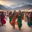 Placeholder: Pakistani Pukhtoon Women smiling & dancing at cloudy-sky-sunset & snowy mountains with a typical crowded village market