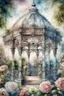 Placeholder: watercolor with drawing, Elegant filigree English gazebo entwined with gorgeous roses, beautiful landscape,magnificent peonies, large flowers pixel graphics, many details, subtle sensuality, realism, high quality, artwork, hyperdetalization, professionally, filigree, smoky haze, hyperrealism, transparency, delicate pastel tones, backlight, contrast, fantastic fabulous, unreal, translucent, luminous, clear lines.