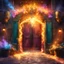 Placeholder: The entrance door to a magic market with magic light rays and colorfull smoke and sparks. Epic. Dramatic, highly detailed, digital painting, masterpiece