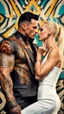 Placeholder: Jason david frank muscular male with short dark hair and tribal tattoos, wearing a designer suit, whispering in ear of young blonde woman, with short hair, wearing short white dress. hyper realistic