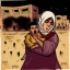 Placeholder: A Palestinian woman wearing the Palestinian dress carries her dead son as she screams and cries at night, with explosions in refugee tents behind her.