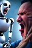 Placeholder: man screaming at a robot