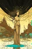 Placeholder: create a highly ethereal, darkly magical surrealist full body illustration of Lamae Bal, with highly detailed and deeply cut facial features, in the chaotic, turbulent, otherworldly landscape of Coldharbour in the style of SALVADOR DALI, GUSTAV KLIMT, and KATHE KOLLWITZ combined with the comic art style of BILL SIENKIEWICZ and JEAN GIRAUD MOEBIUS, searing lines and forceful strokes, precisely drawn, inked, and darkly colored