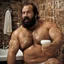 Placeholder: two ugly muscular chubby arab 40 years old similar to bud spencer, very detailed, full figure shot, very realistic photography, dim light, view from below, tiled restroom, tattoo, masculine bearded, white substance dripping from beard, with glue stuck to and dripping from beard,, , mature barely burly bearded muscled and robust