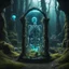 Placeholder: gigantic bioluminescent scarry glass skeleton merge from mossy wooden galactic portal, bright colors, glowing sparkle particles, dark tone, sharp focus, contrast, 8k, incredible depth, dramatic lighting, beautifully intricate details, clean environment, epic dynamic scene