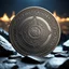 Placeholder: a silver coin called a moon standing on edge. ancient viking runes. flat coin. show one whole coin front on at a distance. fantasy concept art, exquisite realism, a masterpiece, dynamic lighting, hyper detailed, intricately detailed, deep color, Unreal Engine, volumetric lighting , Epic cinematic brilliant stunning intricate meticulously detailed dramatic atmospheric maximal,