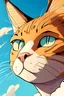 Placeholder: cartoon art close up on face of human male cat on the sky background