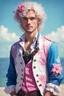 Placeholder: kind young sailor, man, white slightly curly hair, pirate shirt, pink and azure clothes, white floral pattern on jacket, flower in hair, my time at sandrock