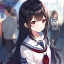 Placeholder: Clear focus, high resolution, black long fluffy hair, red eyes, wearing a sailor uniform, Style Video Game